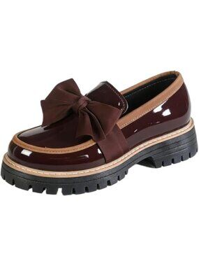 Women's Reddish Brown Round Toe Slip On Thick Sole Business Casual Chunky Loafer